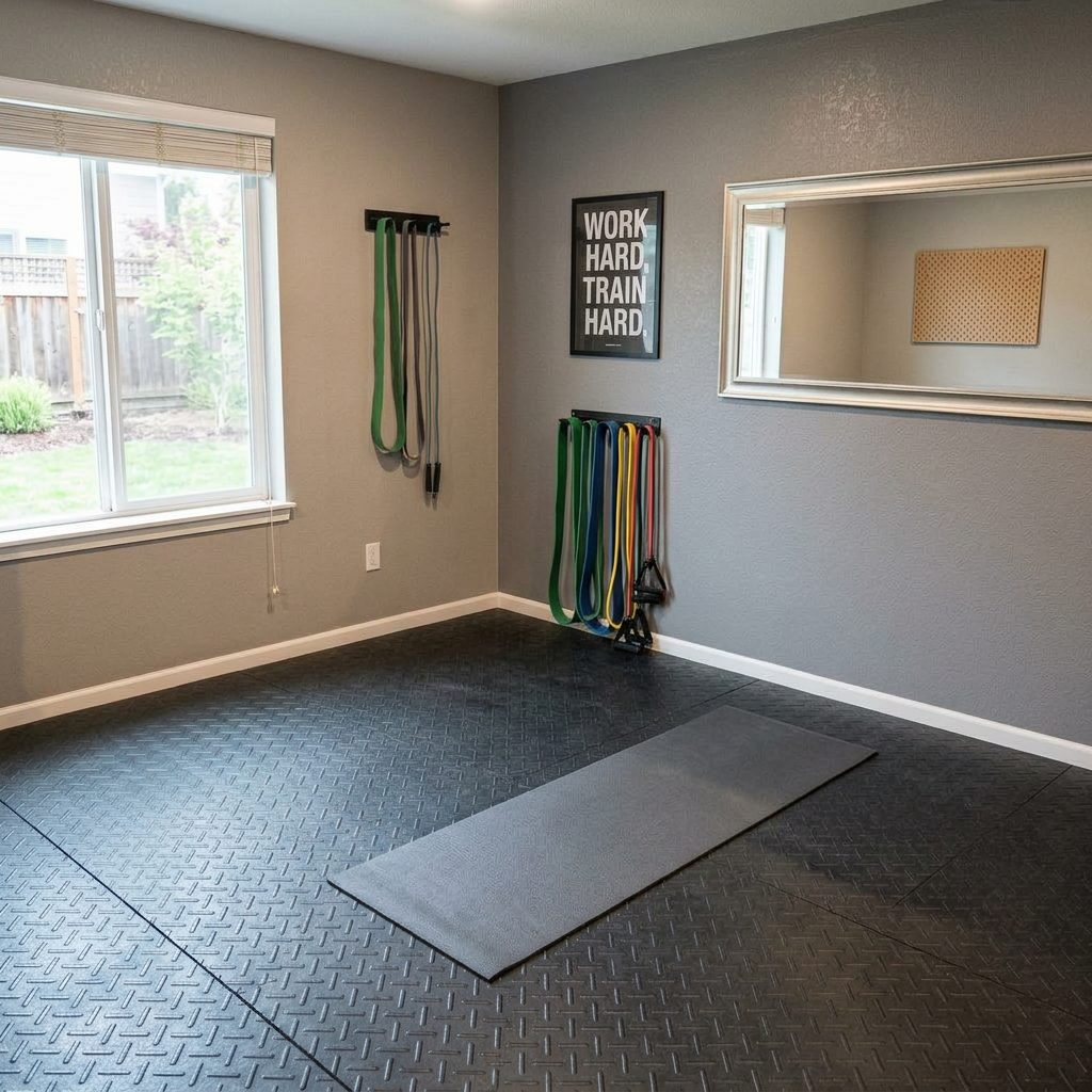 Home gym corner with resistance bands hanging on walls and a yoga mat on black rubber flooring.
