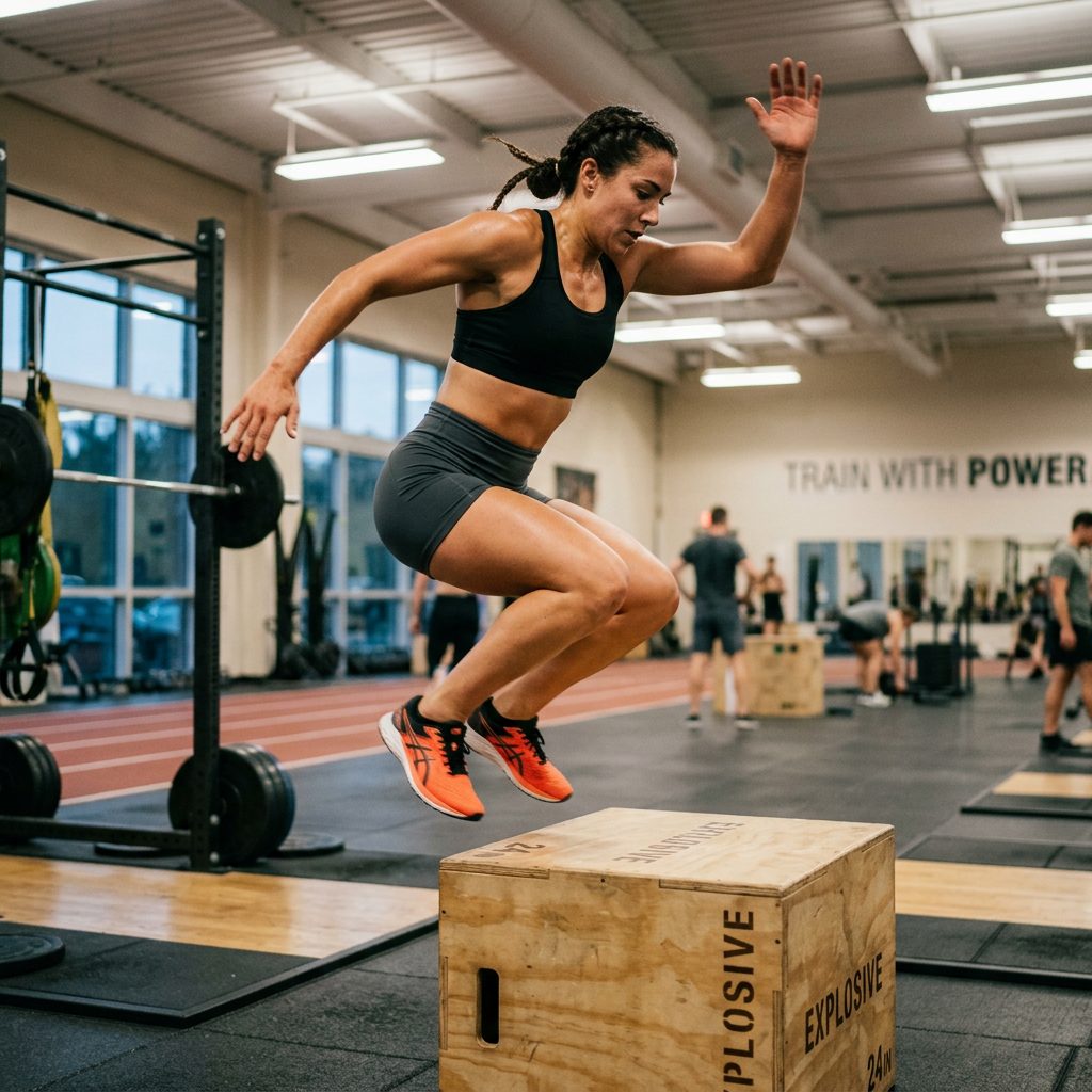 Athlete jumping over an explosive training box in a gym